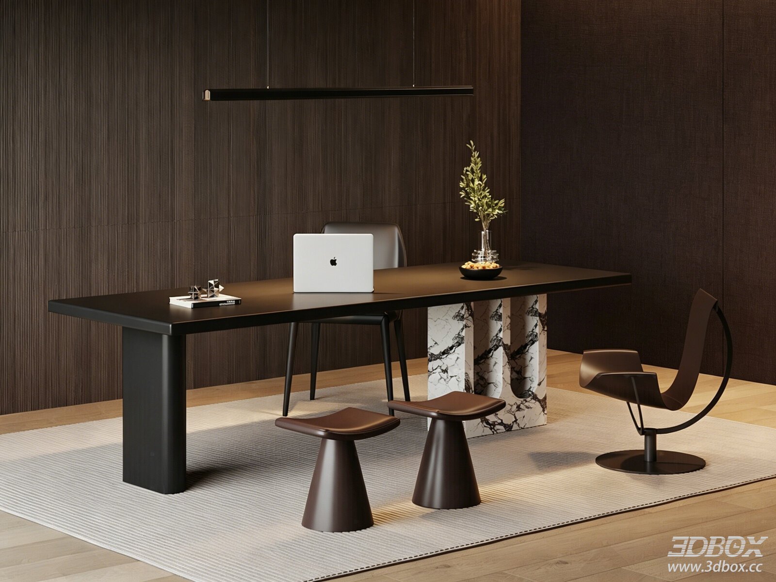 Modern Italian Style Desk with Chairs Set 3D model - front view