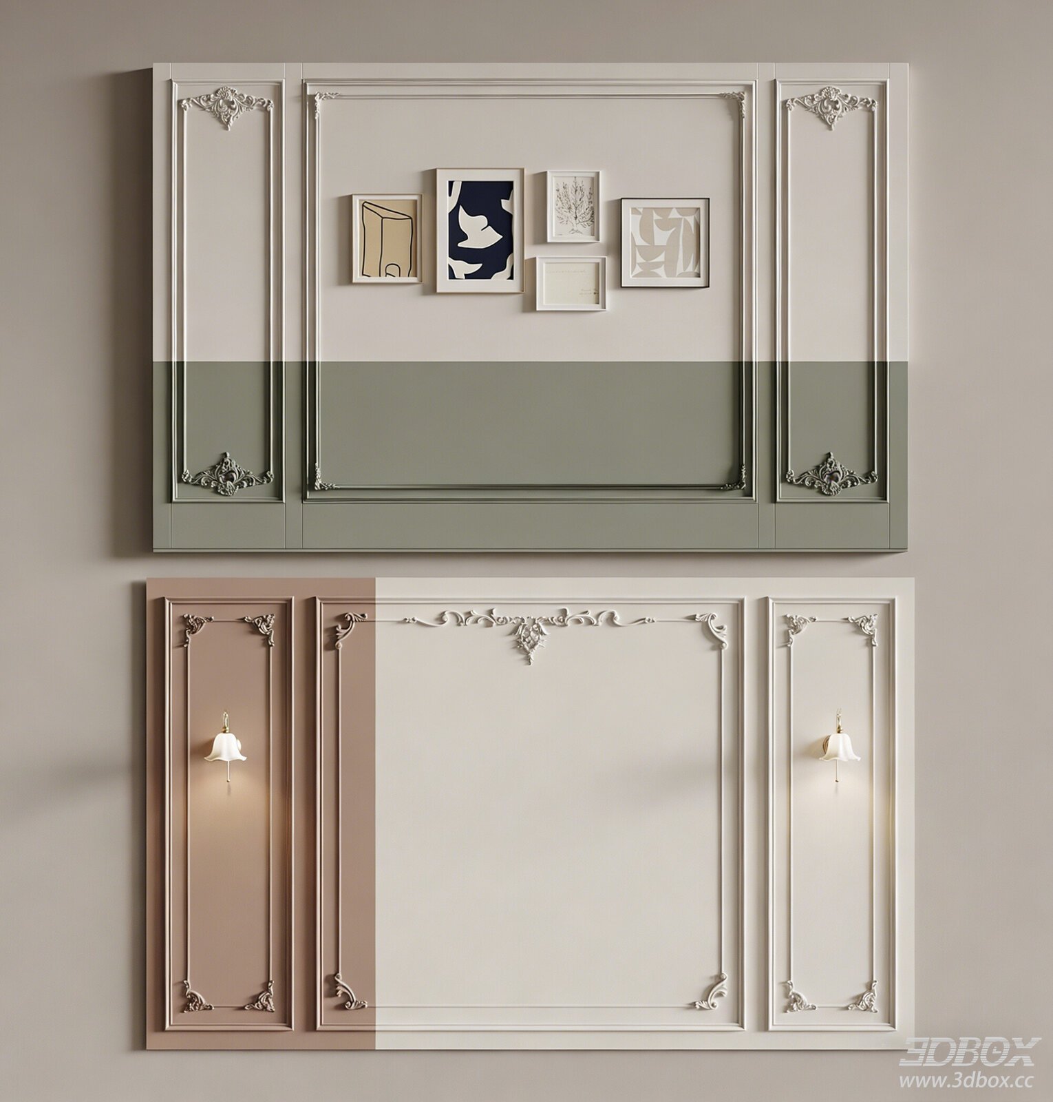 French Style Cream Decorative Wall Panel Set 3D model - front view