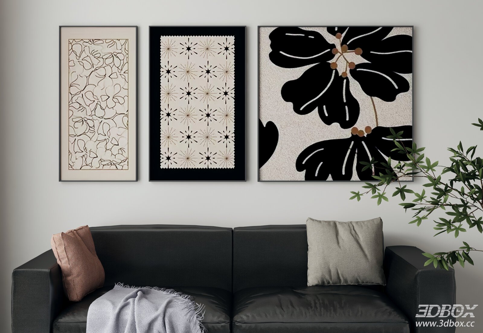 Set of 3 Modern Abstract Framed Wall Art Prints 3D model - front view