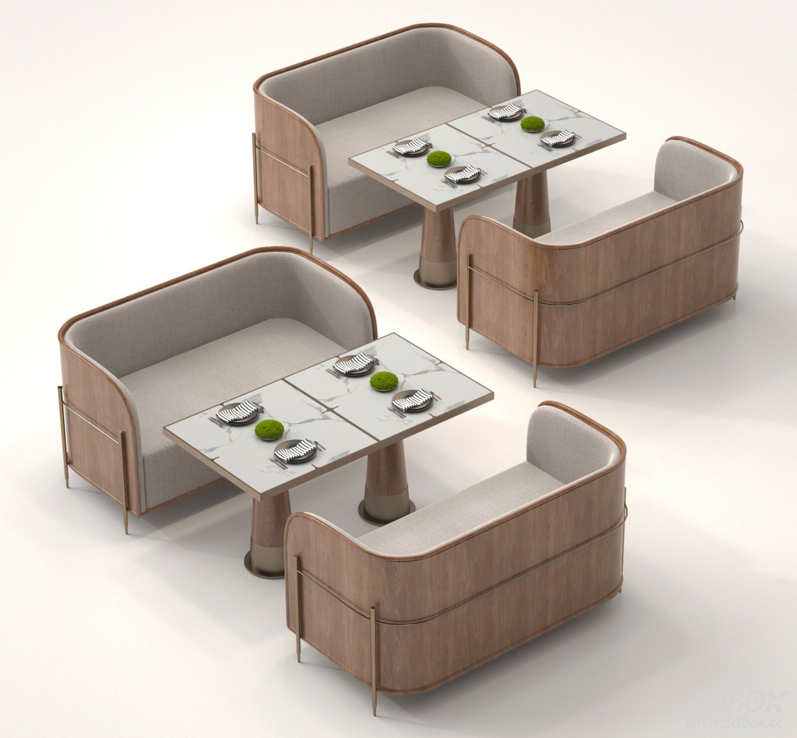 Modern Cafe Booth Sofa Dining Table Set 3D model - front view