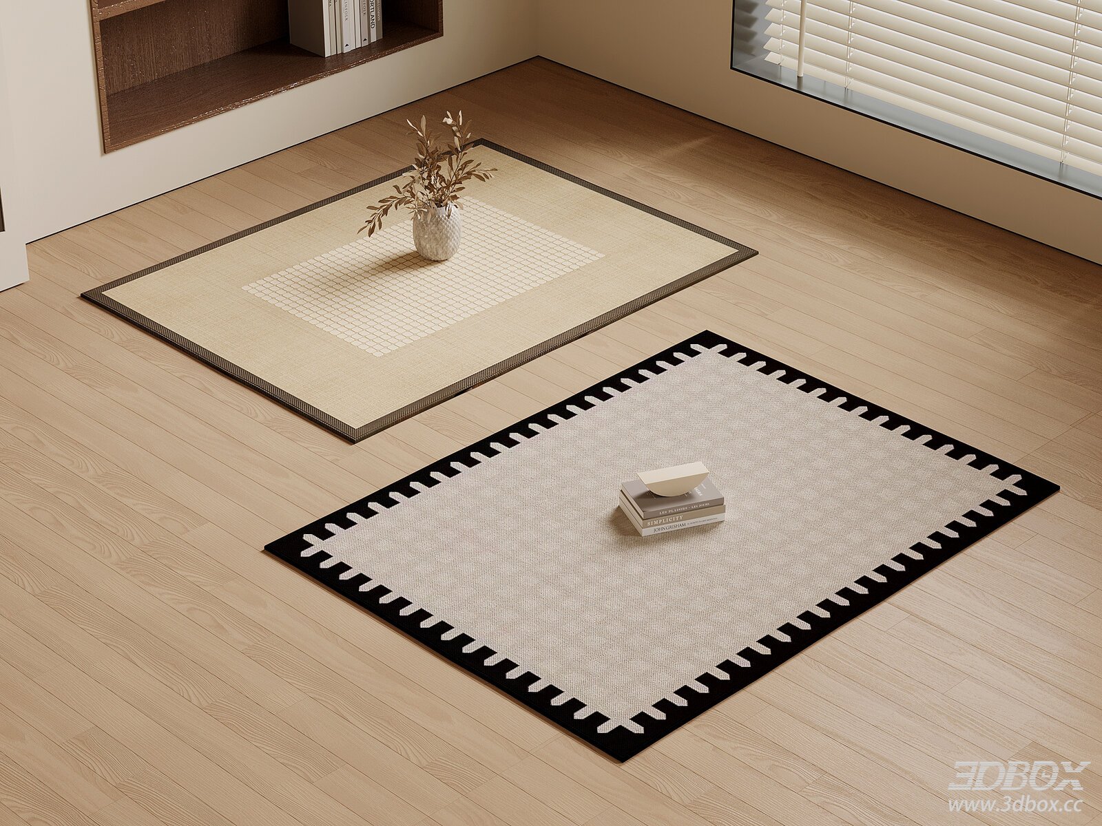 French Vintage Style Geometric Border Carpet Set 3D model - front view